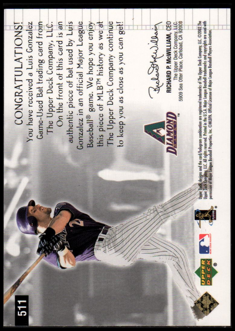 2002 Upper Deck Diamond Connection #511 Luis Gonzalez HM Bat back image