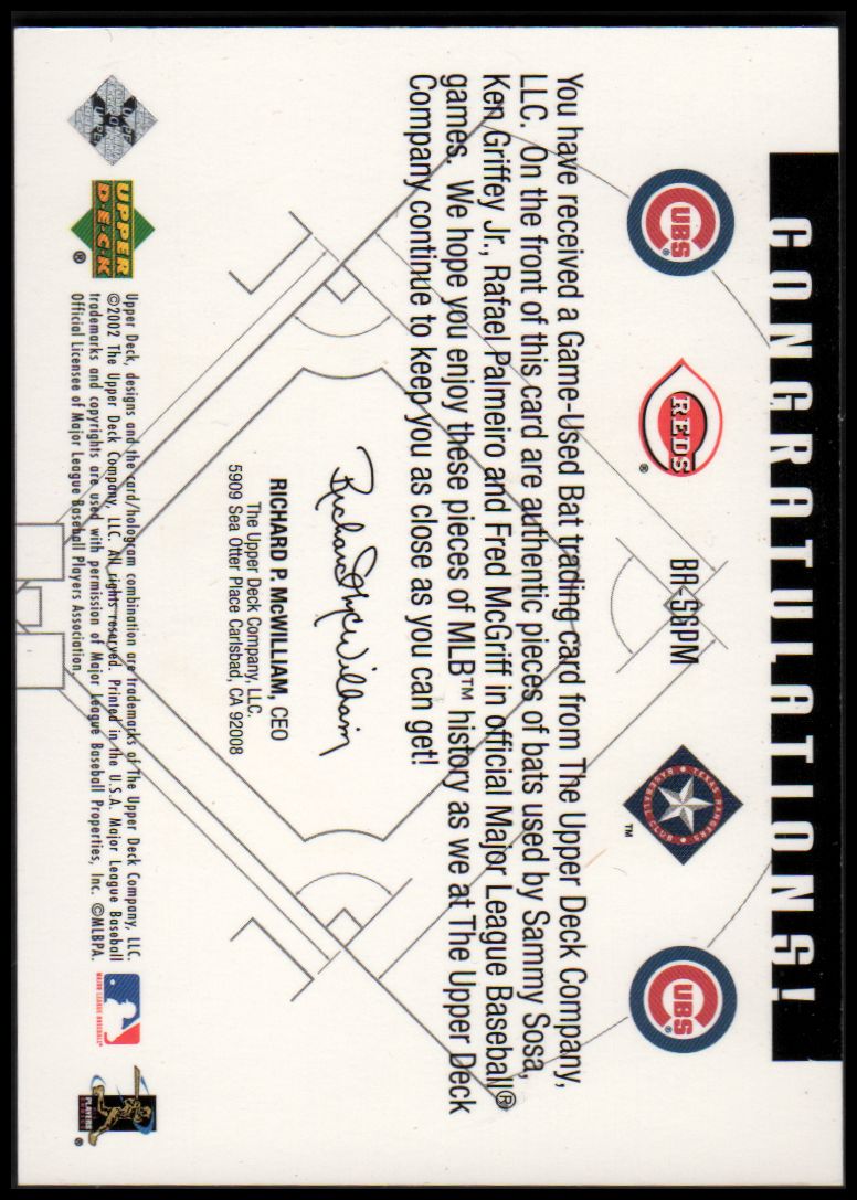 2002 Upper Deck Diamond Connection Bat Around Quads #SGPM Sammy Sosa/Ken Griffey Jr./Rafael Palmeiro/Fred McGriff back image