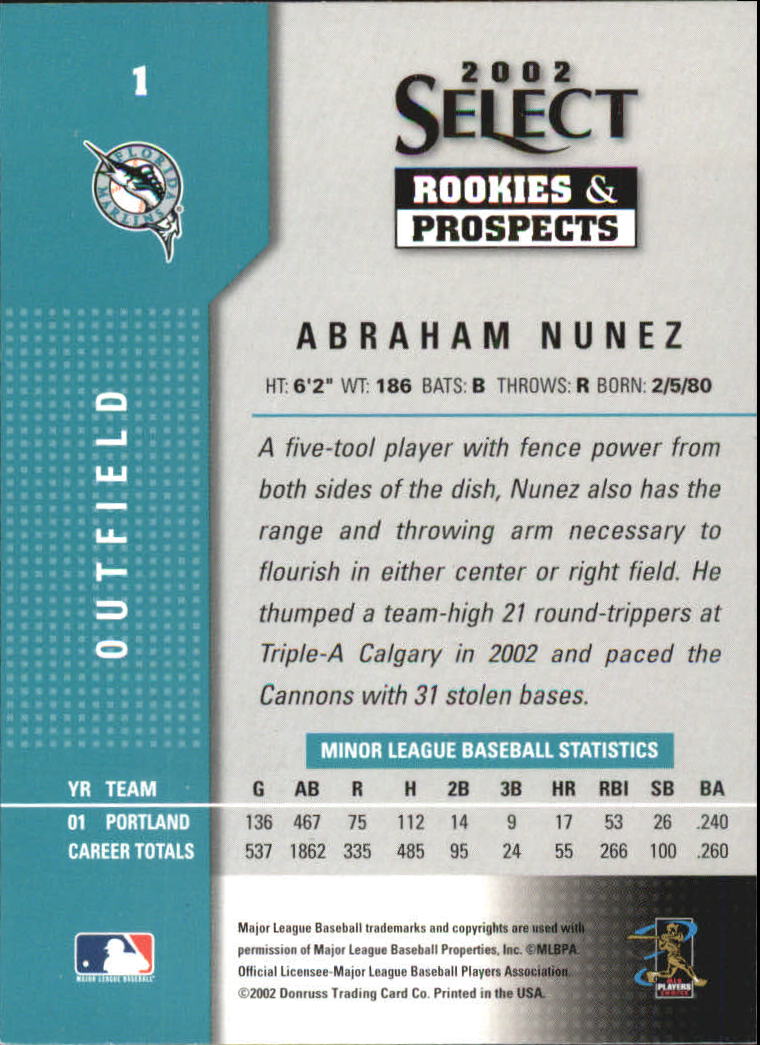 2002 Select Rookies and Prospects #1 Abraham Nunez back image