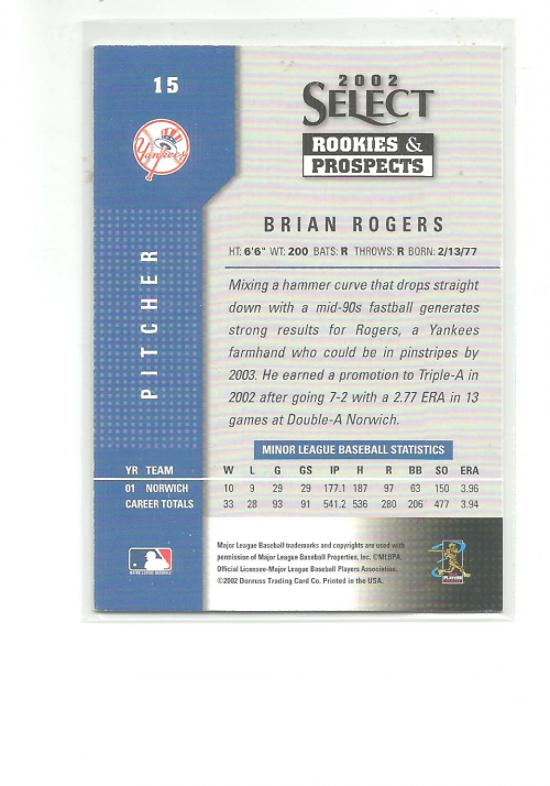 2002 Select Rookies and Prospects #15 Brian Rogers back image
