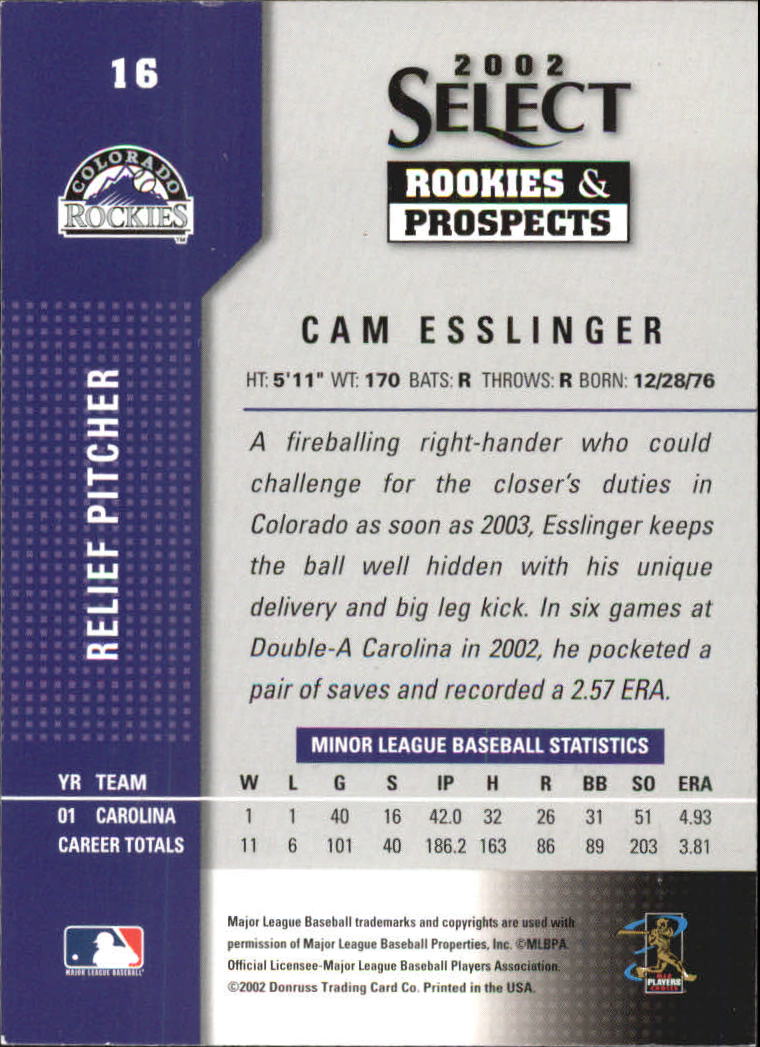 2002 Select Rookies and Prospects #16 Cam Esslinger back image