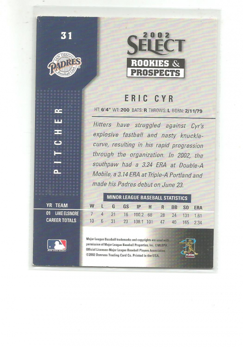 2002 Select Rookies and Prospects #31 Eric Cyr back image