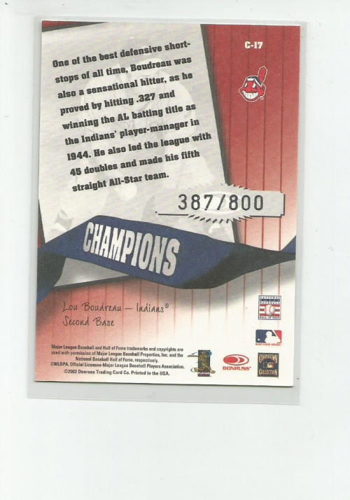 2002 Donruss Originals Champions #17 Lou Boudreau back image