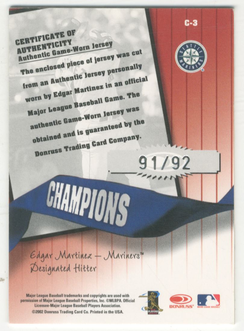 2002 Donruss Originals Champions Materials #3 Edgar Martinez/92 back image