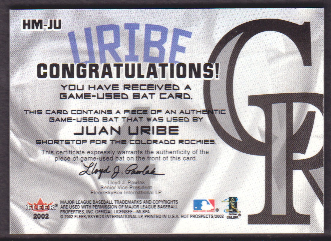 2002 Hot Prospects MLB Hot Materials #JU Juan Uribe Bat back image