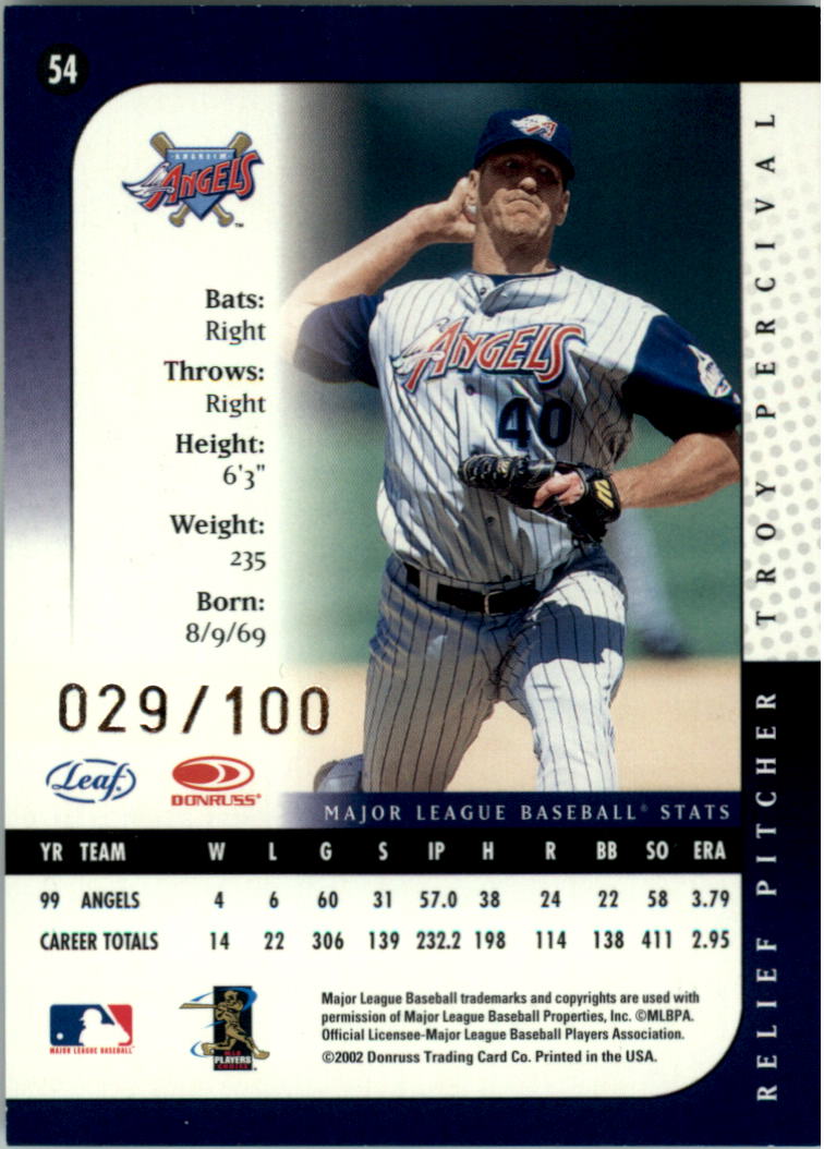 2002 Leaf Lineage Century #54 Troy Percival 00 back image