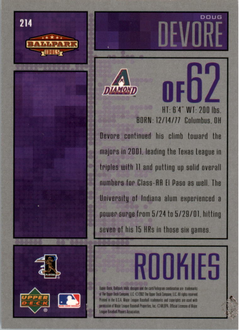 2002 Upper Deck Ballpark Idols #214 Doug Devore ROO RC back image
