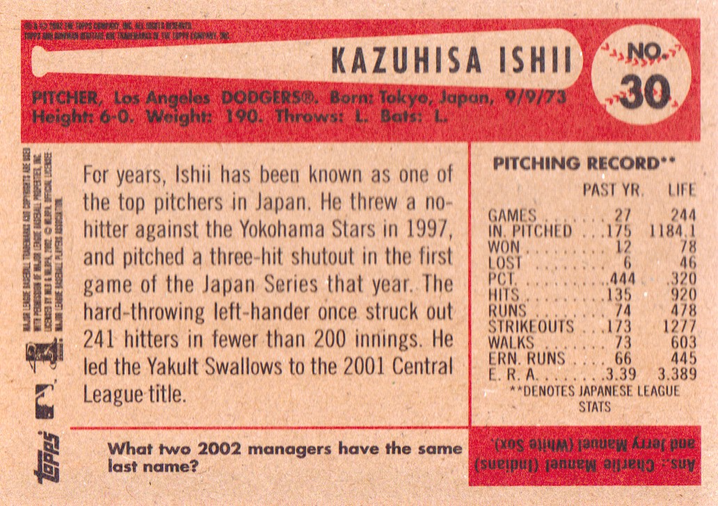 2002 Bowman Heritage Black Box #30 Kazuhisa Ishii back image