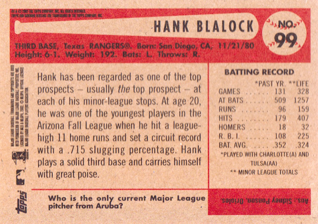 2002 Bowman Heritage Black Box #99 Hank Blalock back image