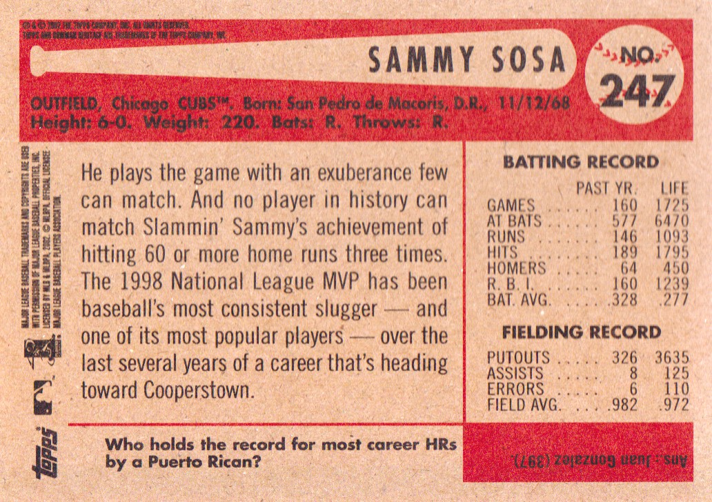 2002 Bowman Heritage Black Box #247 Sammy Sosa back image
