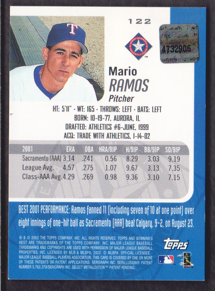 2002 Bowman's Best #122 Mario Ramos AU A RC back image