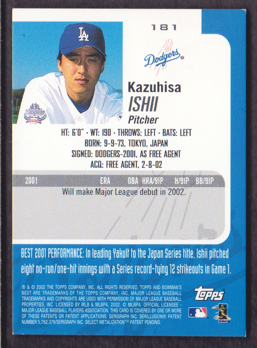 2002 Bowman's Best #181 Kazuhisa Ishii Bat RC back image