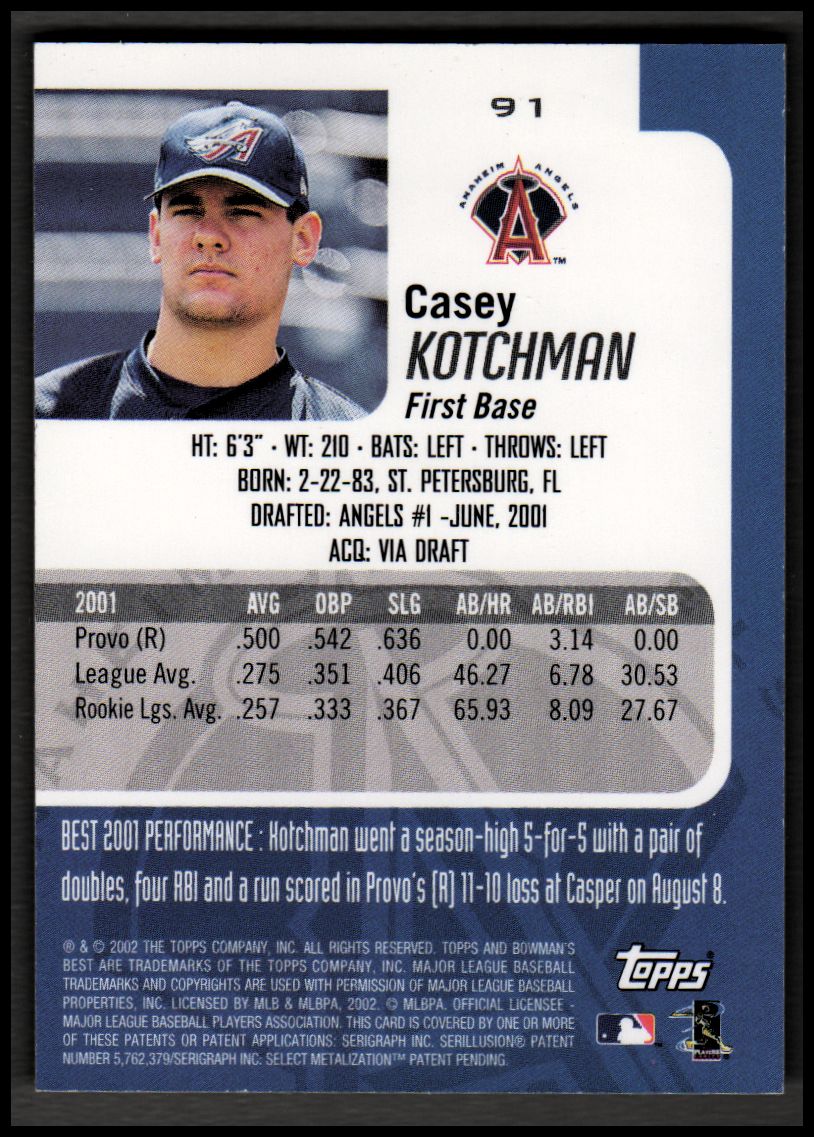 2002 Bowman's Best Blue #91 Casey Kotchman Bat back image