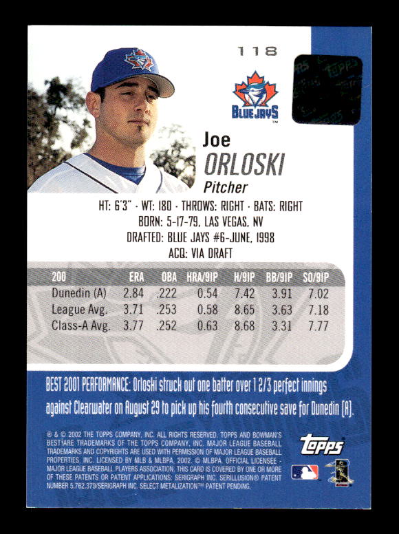 2002 Bowman's Best Blue #118 Joe Orloski AU back image