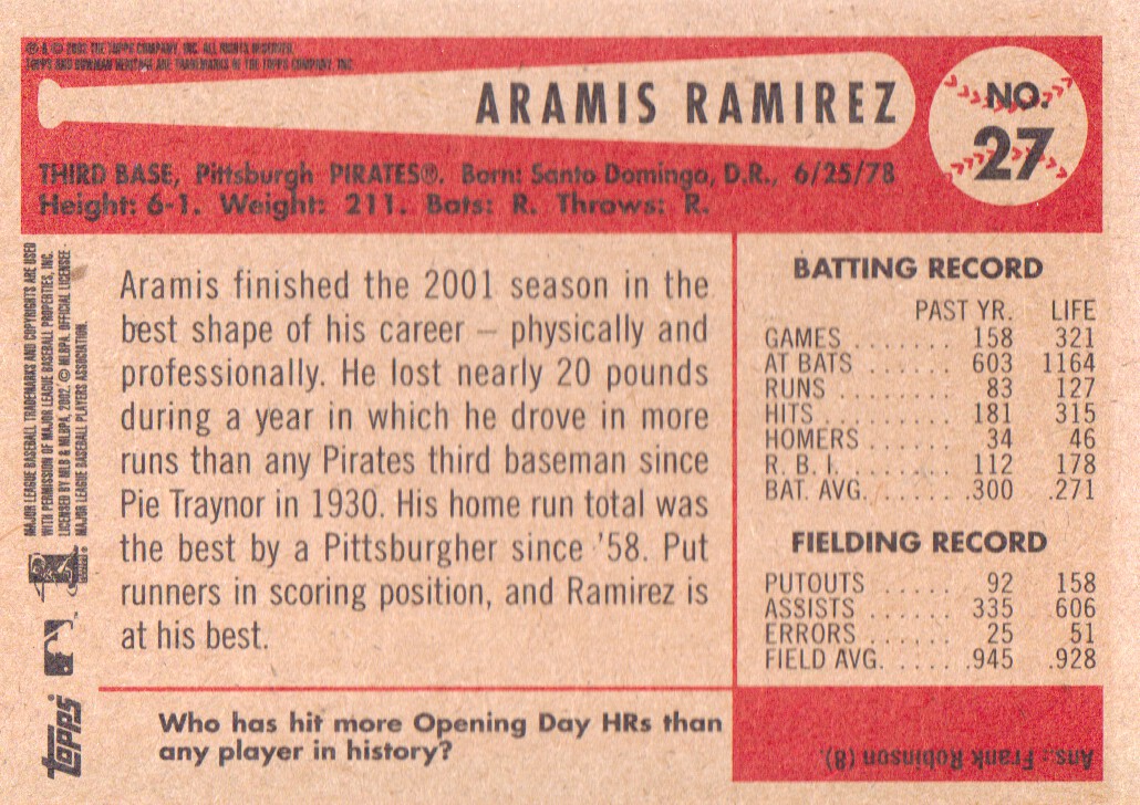 2002 Bowman Heritage #27 Aramis Ramirez back image
