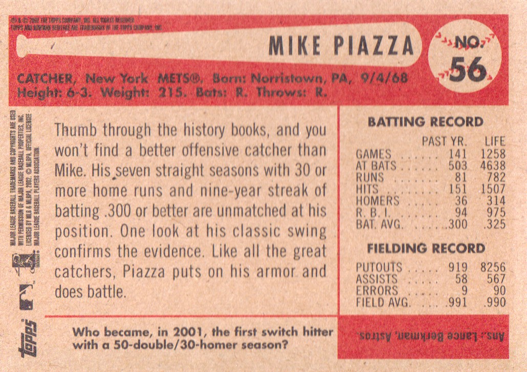 2002 Bowman Heritage #56 Mike Piazza back image