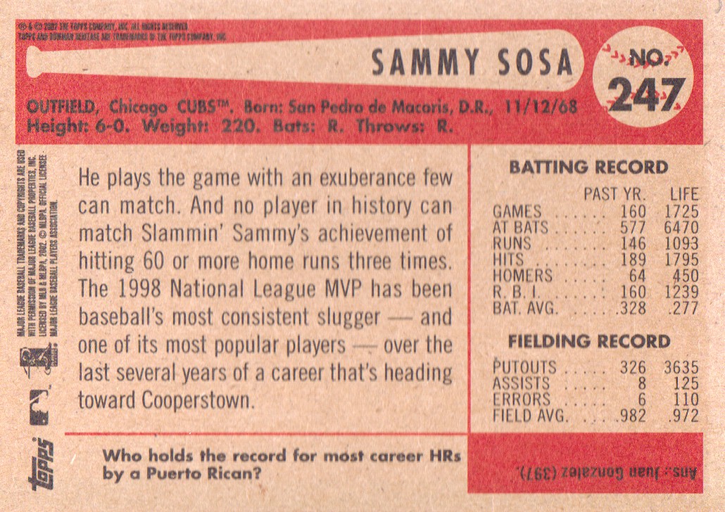 2002 Bowman Heritage #247 Sammy Sosa back image