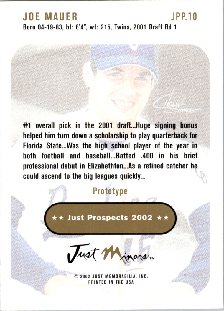 2002 Just Prospects Prototypes #10 Joe Mauer back image