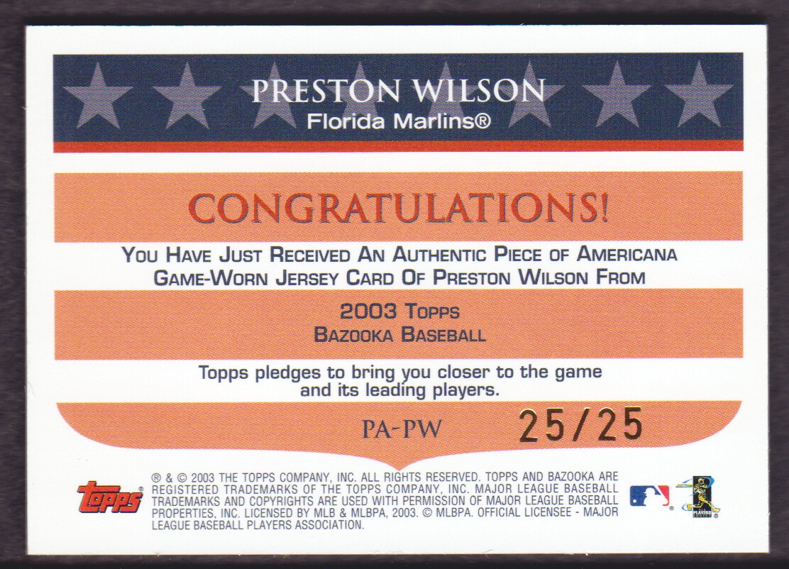2003 Bazooka Piece of Americana Relics Parallel 25 #PW Preston Wilson back image