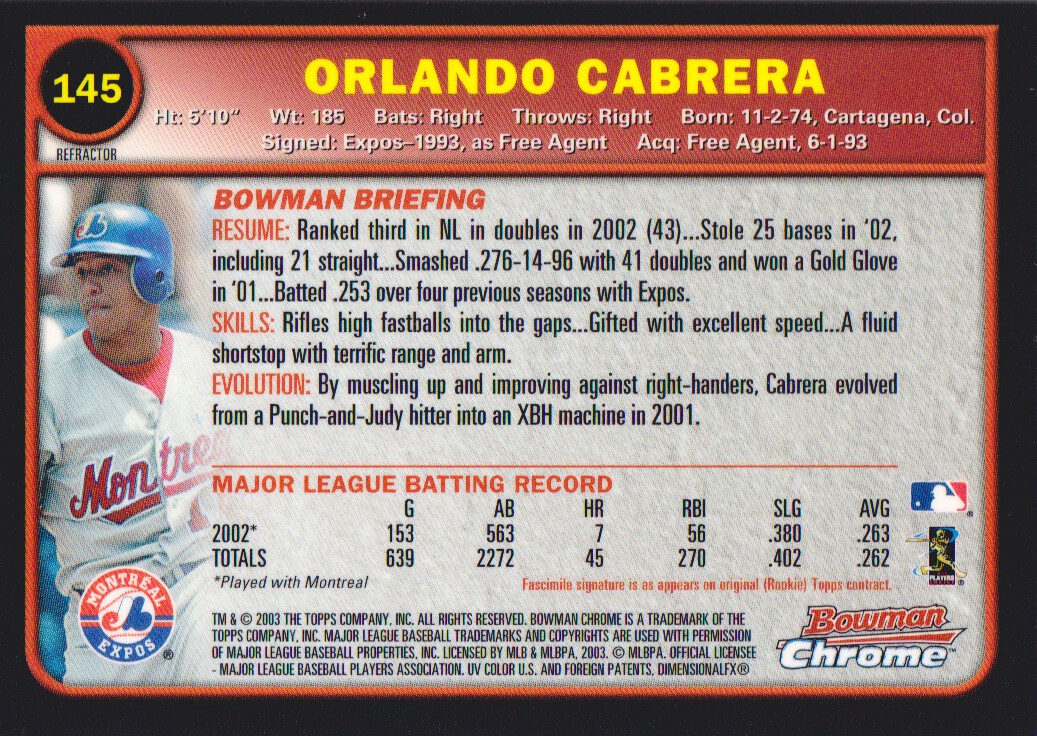 2003 Bowman Chrome Refractors #145 Orlando Cabrera back image