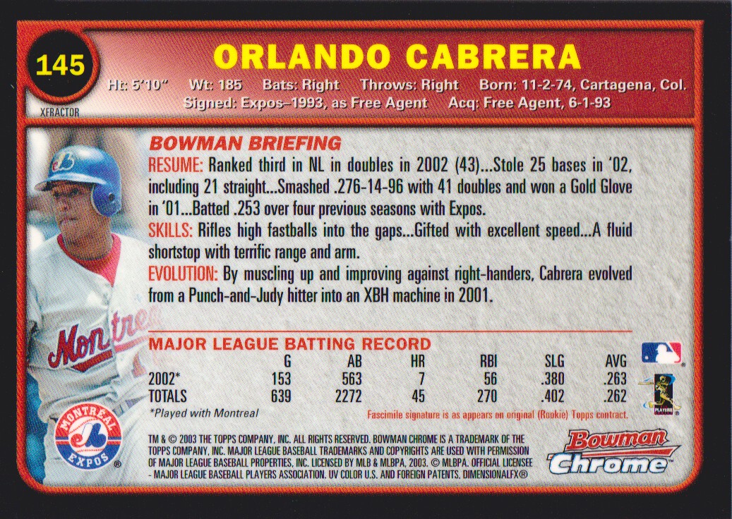 2003 Bowman Chrome X-Fractors #145 Orlando Cabrera back image