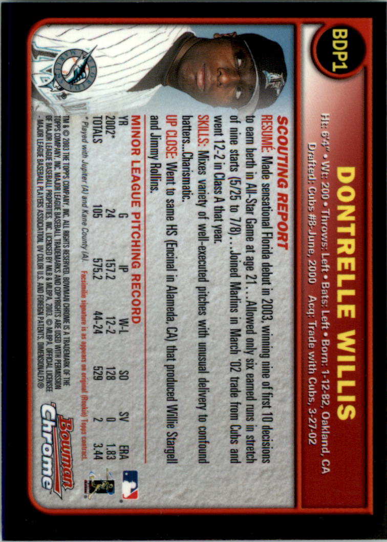 2003 Bowman Chrome Draft #1 Dontrelle Willis back image