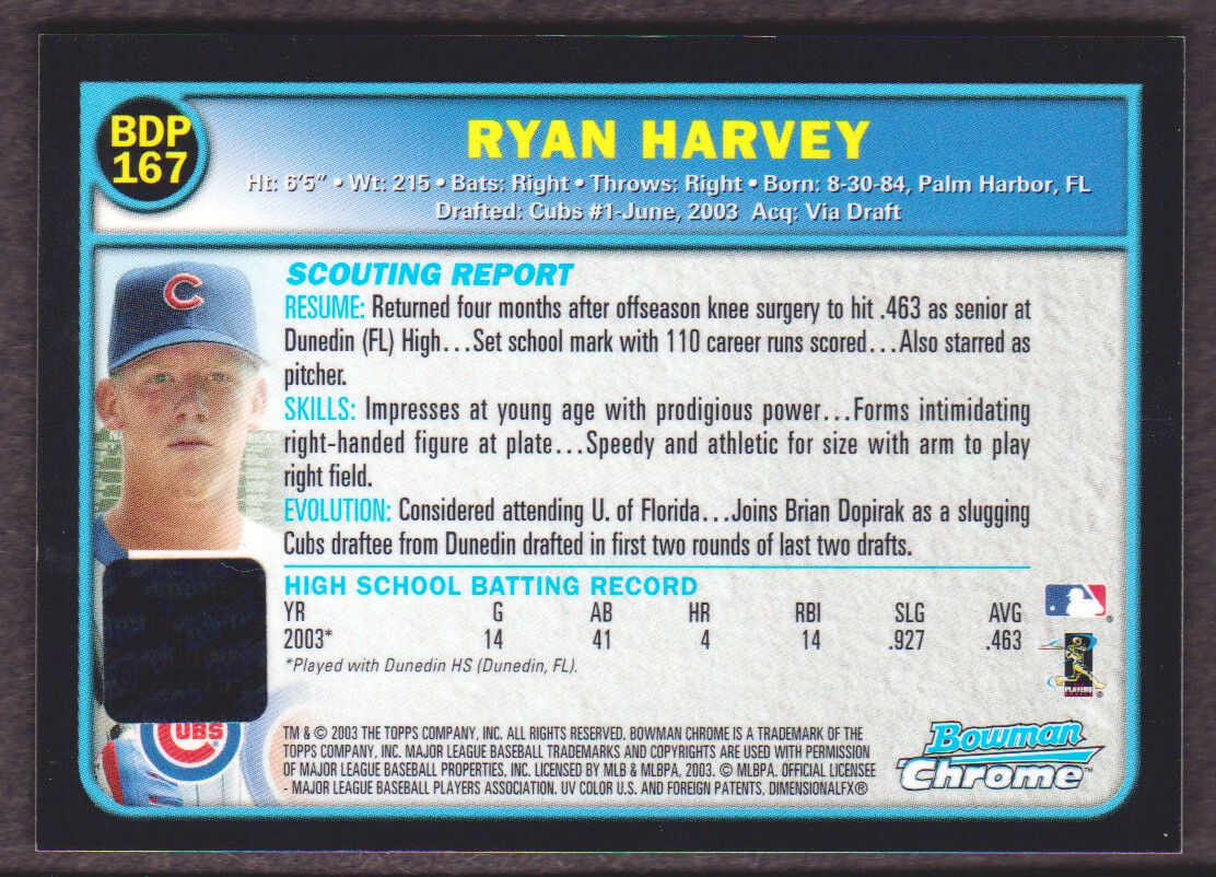 2003 Bowman Chrome Draft #167 Ryan Harvey AU RC back image