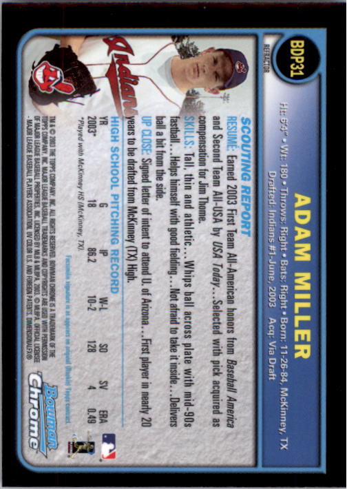 2003 Bowman Chrome Draft Refractors #31 Adam Miller back image