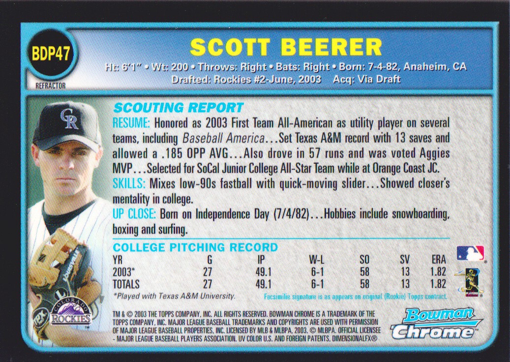 2003 Bowman Chrome Draft Refractors #47 Scott Beerer back image