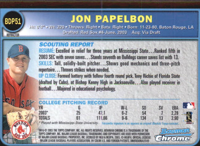 2003 Bowman Chrome Draft Refractors #51 Jon Papelbon back image
