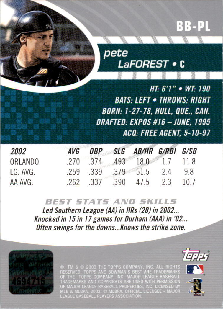 2003 Bowman's Best #PL Pete LaForest FY AU RC back image