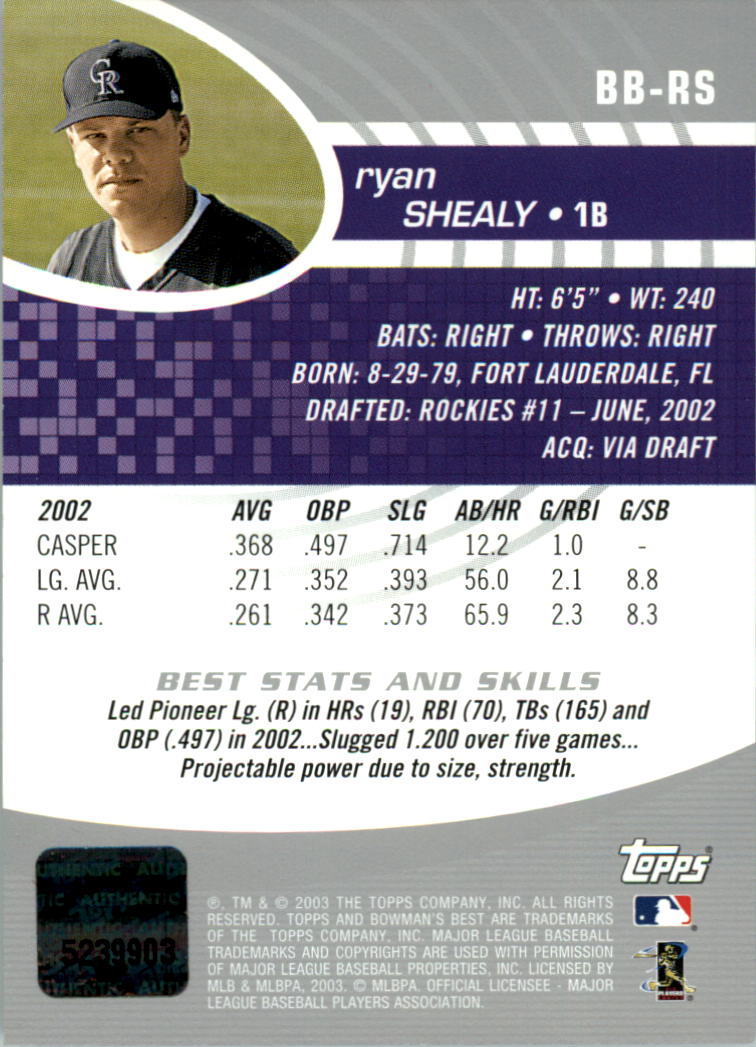 2003 Bowman's Best #RS Ryan Shealy FY AU RC back image