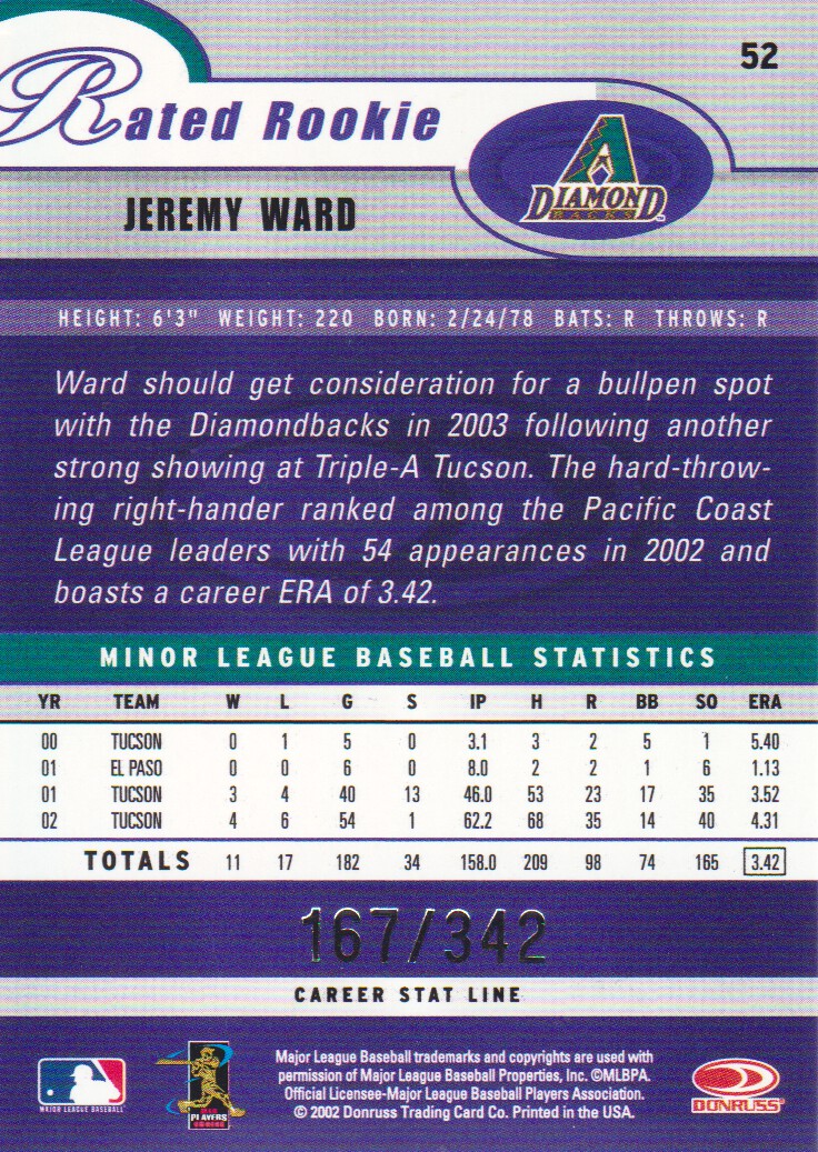 2003 Donruss Stat Line Career #52 Jeremy Ward RR/342 back image