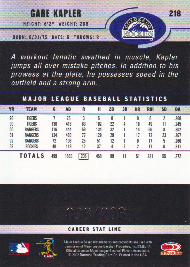 2003 Donruss Stat Line Career #218 Gabe Kapler/236 back image