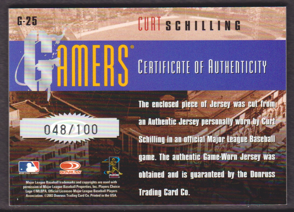 2003 Donruss Gamers Jersey Number #25 Curt Schilling back image