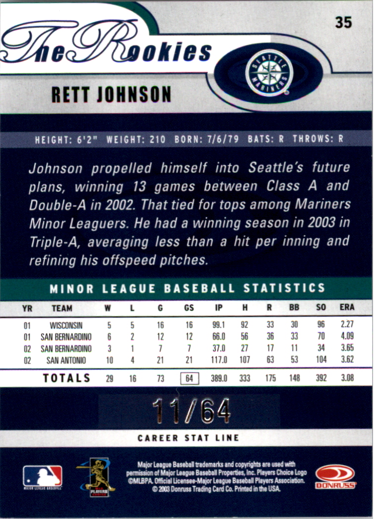 2003 Donruss Rookies Stat Line Career #35 Rett Johnson/64 back image