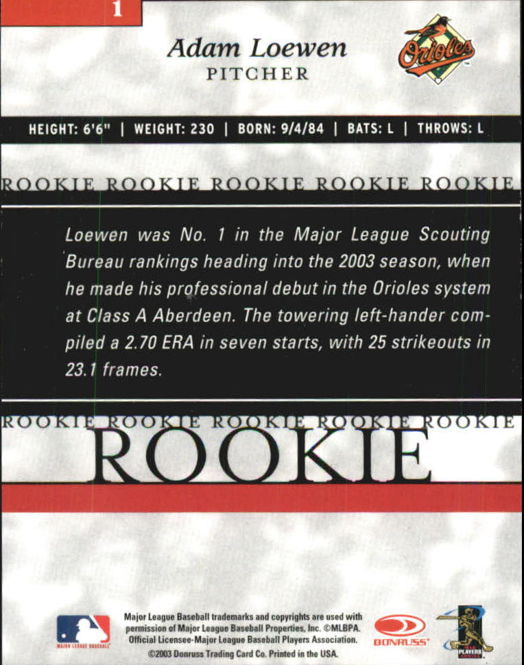 2003 Donruss Elite Extra Edition #1 Adam Loewen RC back image