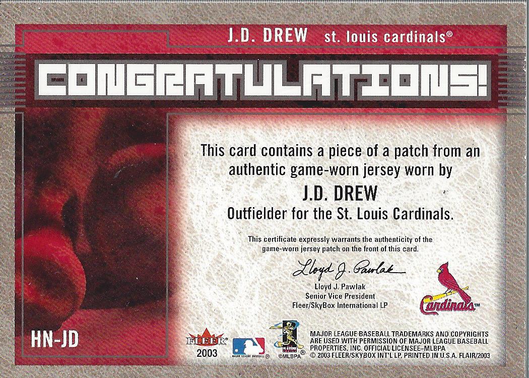 2003 Flair Hot Numbers Patch #JD J.D. Drew back image