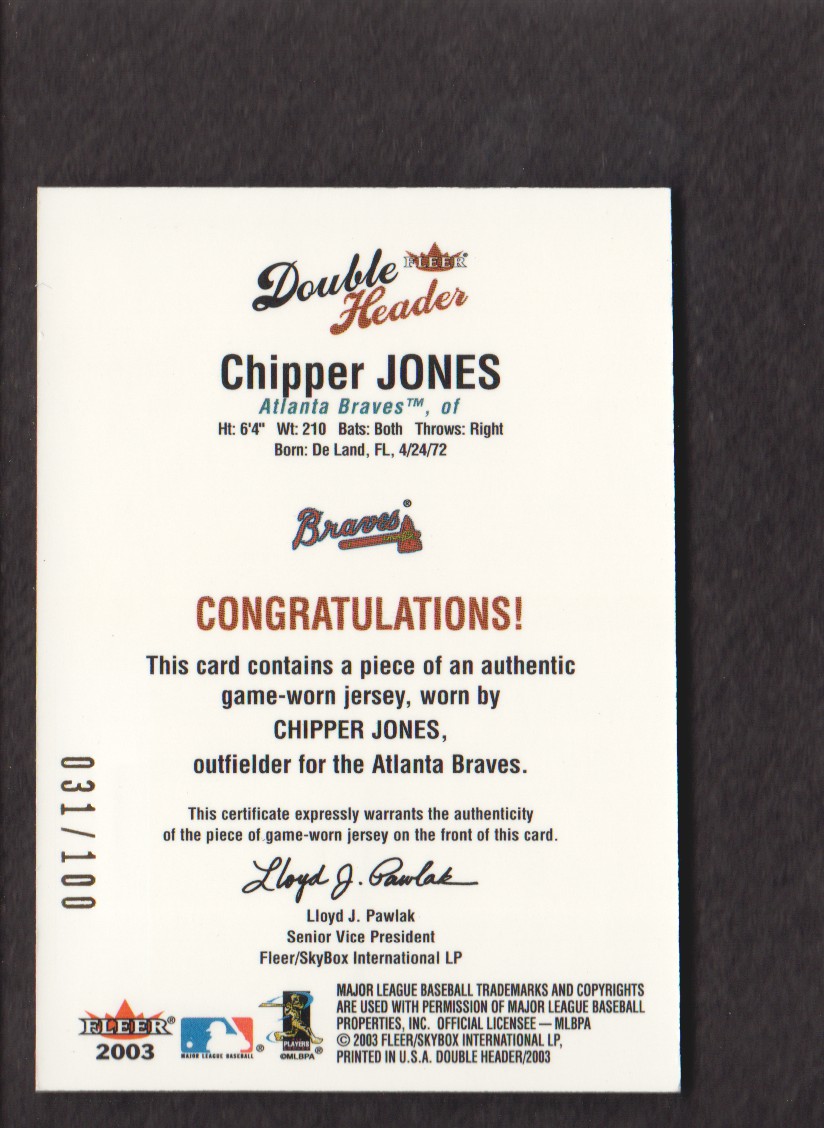 2003 Fleer Double Header Flip Card Game Used Gold #CJ Chipper Jones Jsy back image