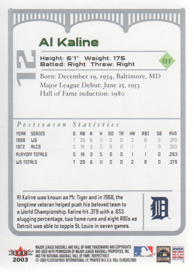2003 Fleer Fall Classics #12 Al Kaline back image
