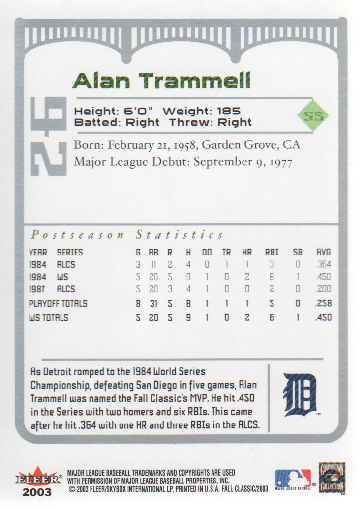 2003 Fleer Fall Classics #26 Alan Trammell back image