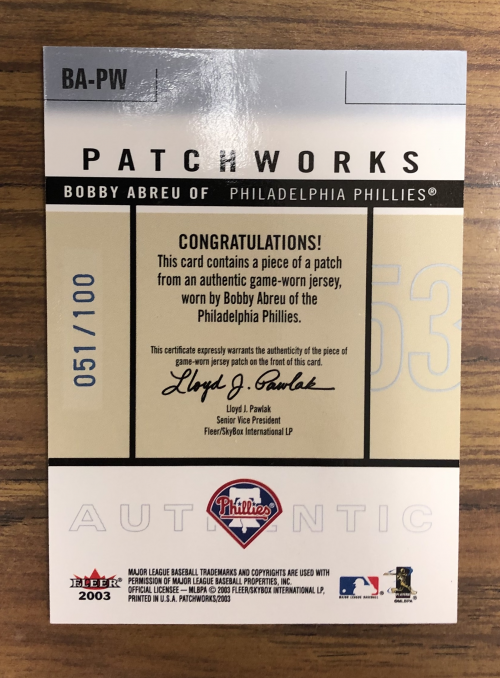 2003 Fleer Patchworks Game-Worn Patch Level 2 Dual #BA Bob Abreu back image