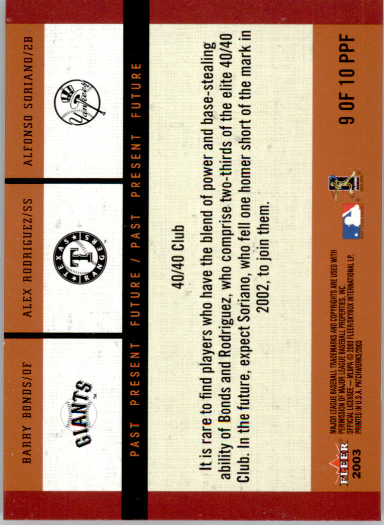 2003 Fleer Patchworks Past Present Future #9 Bonds/A-Rod/Soriano back image