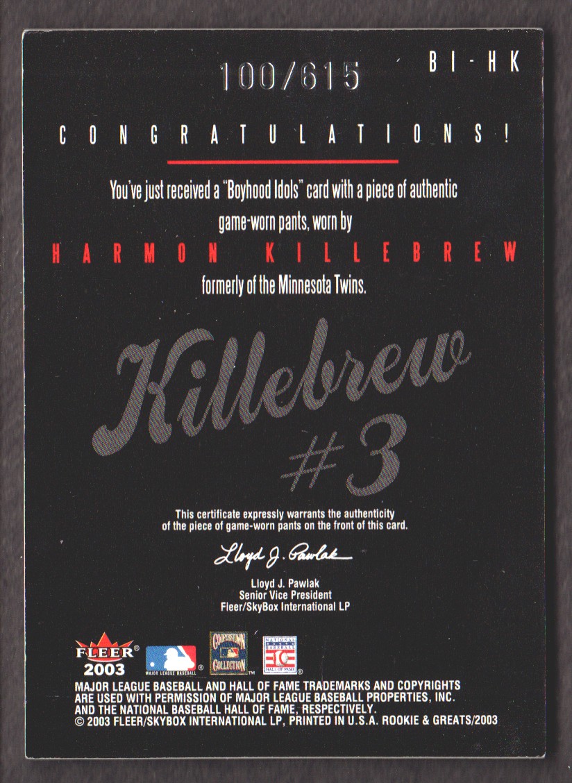 2003 Fleer Rookies and Greats Boyhood Idols Game Used #HK Harmon Killebrew Pants back image