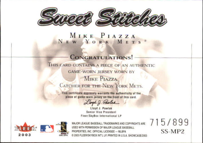 2003 Fleer Showcase Sweet Stitches Game Jersey #MP Mike Piazza/899 back image
