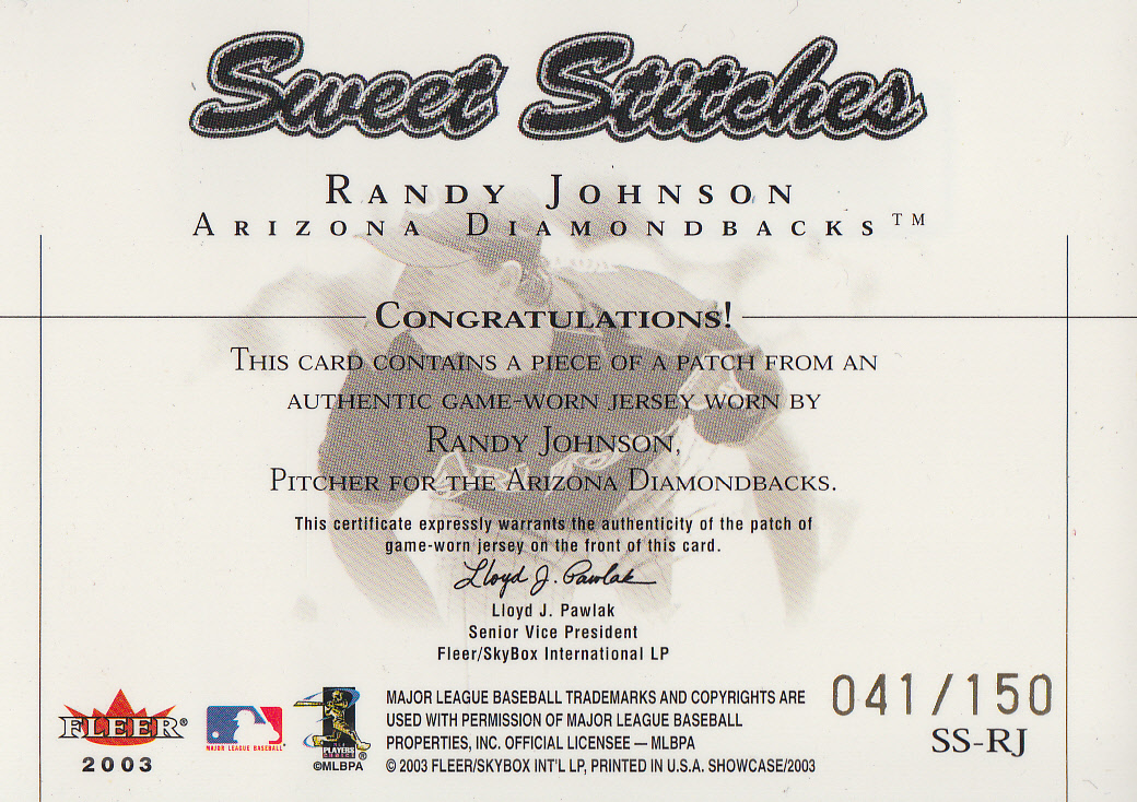 2003 Fleer Showcase Sweet Stitches Patch #2 Randy Johnson/150 back image
