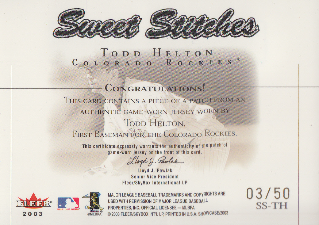 2003 Fleer Showcase Sweet Stitches Patch #6 Todd Helton/75 back image