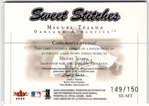 2003 Fleer Showcase Sweet Stitches Patch #9 Miguel Tejada/150 back image