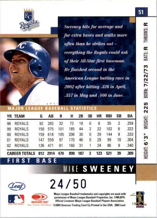 2003 Leaf Press Proofs Blue #51 Mike Sweeney back image
