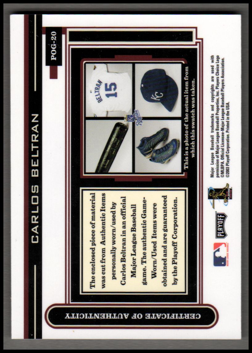 2003 Playoff Piece of the Game #20A Carlos Beltran Bat back image
